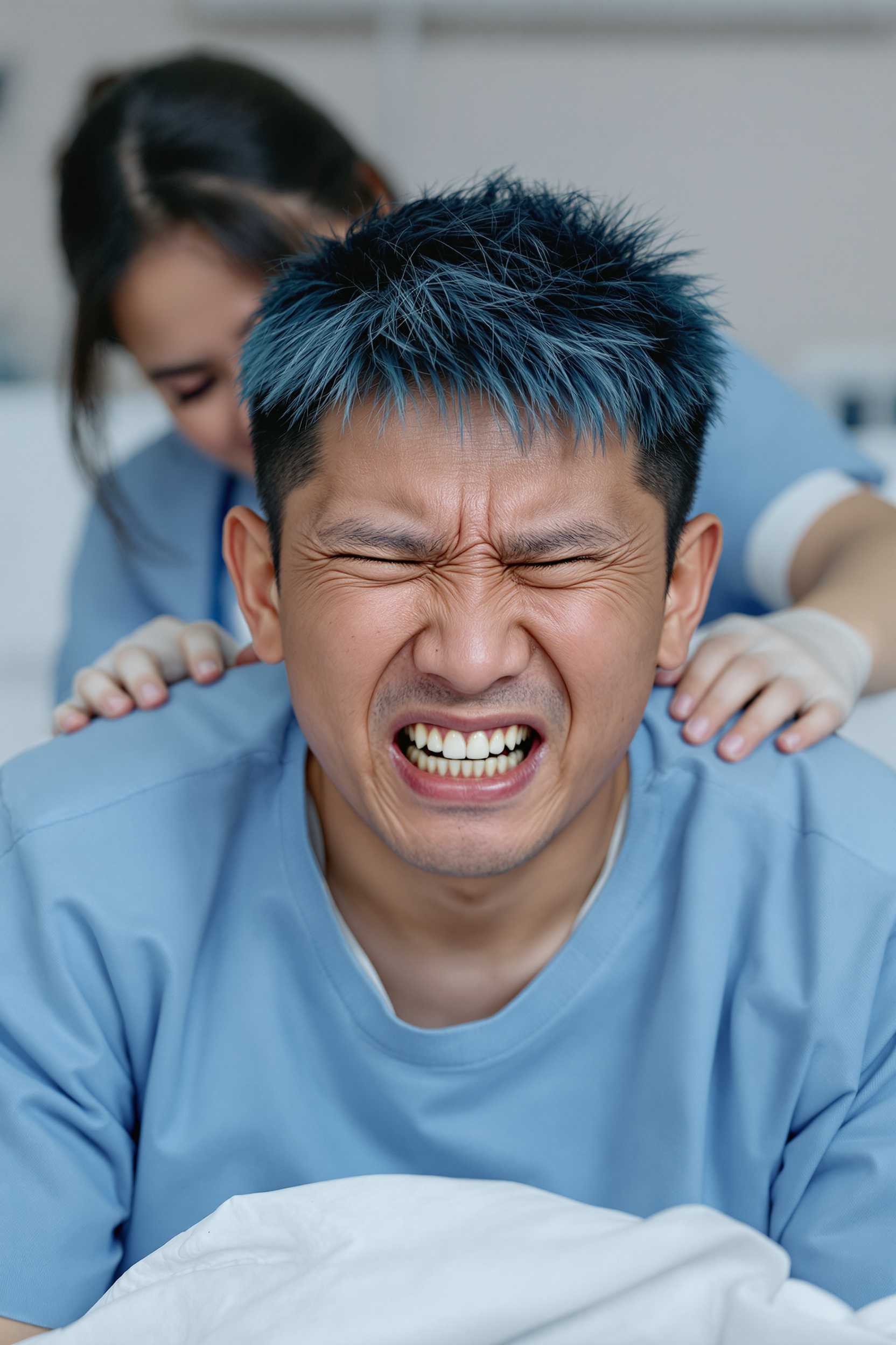 The asian young man wiith blue short comma hair, wearing blue hospital dress. he is bending over on hospital bed. His face looks painful, shut eyes, grid teeth. Behind the man is a beautiful asian nurse. The nurse's face is very fierce. The nurse is injecting the man's rear. Background hospital room. front view