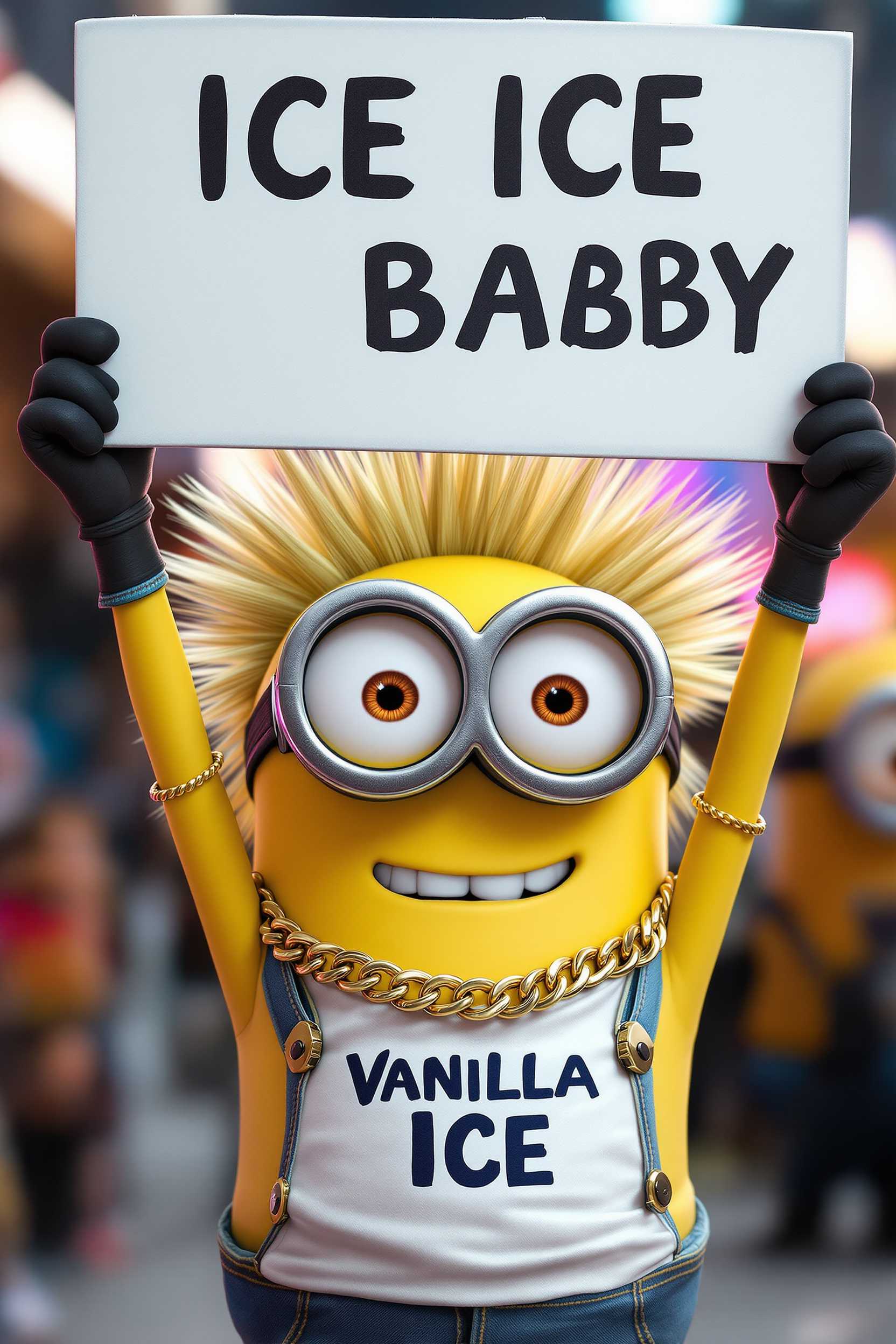 create an image of a minion dressed like the singer ICE, lost of blonde spiked hair, wearing a gold chain holding a sign above his head that reads "ICE ICE BABY" a t-shirt that reads "Vanilla Ice"