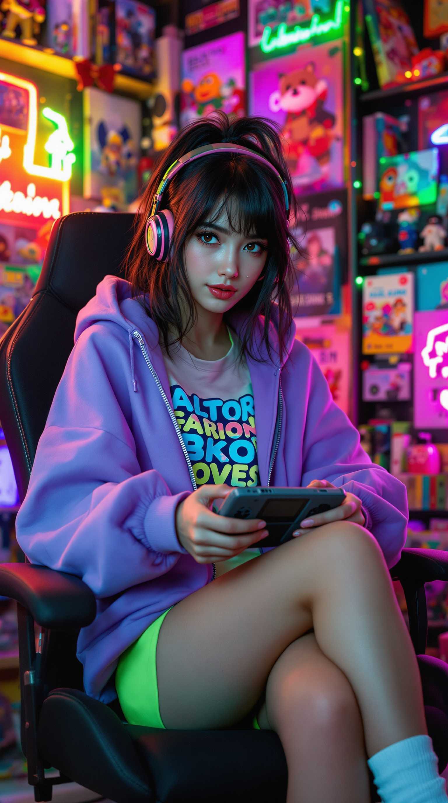 **Ultra-high-resolution, photorealistic image of a dark-haired Russian woman embodying Otaku culture:**

**Subject**: A dark-haired woman with voluminous hair styled in a chic, slightly messy manner, strands framing her face to convey a playful yet sophisticated Otaku nature. Her skin exhibits a natural glow with subtle imperfections for realism, and her bright eyes sparkle with a hint of mischief.

**Clothing**: Dressed in an oversized neon light purple hoodie, unzipped to reveal a colorful graphic tee underneath. The hoodie's hood is slightly pulled up, creating a casual, relaxed vibe. She wears neon green exercise shorts, showcasing her athletic, toned legs, and completes her look with white ankle socks and sneakers subtly matching her outfit's colors. Cat-ear headphones.

**Setting**: The background is a kaleidoscope of colors from various geek collectibles, including anime figures, manga volumes, video game posters, and glowing neon signs. The lighting is soft and diffused, with neon lights casting vibrant reflections on her and the surroundings, creating a dynamic interplay of light and shadow.

**Composition**: She is posed slightly off-center, her body turned at a 3/4 angle, looking directly at the camera. She holds an old handheld game system while sitting in a gamer chair leaning against a shelf filled with collectibles, adding depth. The camera angle is slightly low, giving her a sense of prominence and power.

**Mood & Atmosphere**: The scene radiates a cheerful, youthful energy, capturing the vibrant spirit of Otaku culture. It's evening, with the warm glow of artificial light creating a cozy, inviting ambiance.

**Technical Aspects**: 
- Use a **shallow depth of field** to focus on her while the collectibles remain in soft focus, enhancing the **bokeh effect**.
- Employ **dynamic range compression** for the neon lights to ensure they glow without overexposing.
- Utilize **color grading** to enhance the neon colors against the natural tones of the subject, creating a visually compelling contrast.