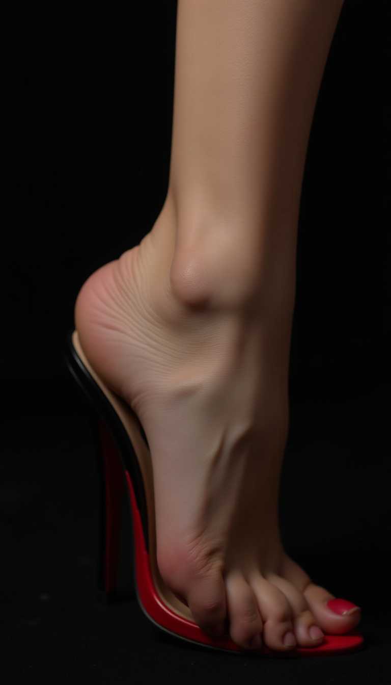 This Ultra HD photo by a professional studio photographer for advertising advertisements. this macro photo zoomed in on the bottom side of the pale skin foot see natural veins, 5 perfect toes of a beautiful woman with extreme skin details, the natural skin folds with the veins bulging with the really arched arch and the foot in a shoe 7 inch high heels by Christian Louboutin black and red mule style, taken on a black velvet background and chic and mysterious. high skin detail with the lens used is a Canon EOS R5 with a 70 - 200mm f/2.8 lens, set to f/4. Depth of field is shallow, with focus on models in the foreground and the background hidden. The shutter speed is 1/100th of a second, thus freezing the movement of the model. The special angle lighting is pure and homogeneous to bring out details in relief, with a flash to bring out the details of the skin. subjects captured in ultra realistic photo of perfect feet with a very accentuated arch, high arched feet important multi poses, rear view, front view, low rear view, the 5 perfect toes Pink Candy manicure, for a natural rendering of the veins swelling and the blue of the veins swelling naturally without too much or less, low view photo