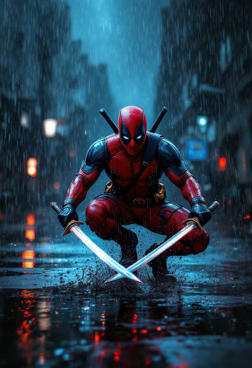 create a cool image of Deadpool with swords in each hands, in the rain, ready to fight