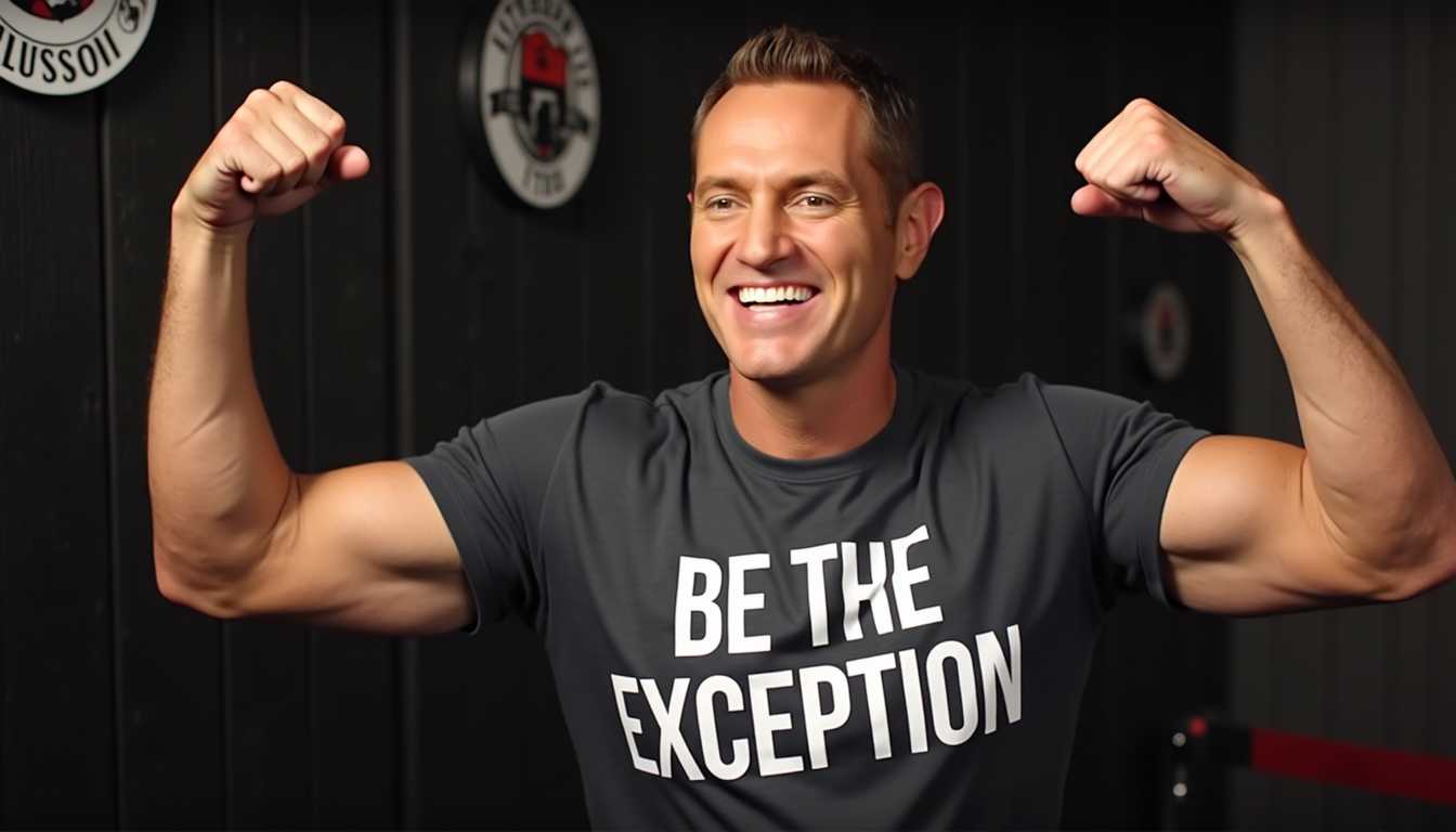 a photo of DH,smiling and pumping his fist, wearing BE THE EXCEPTION shirt