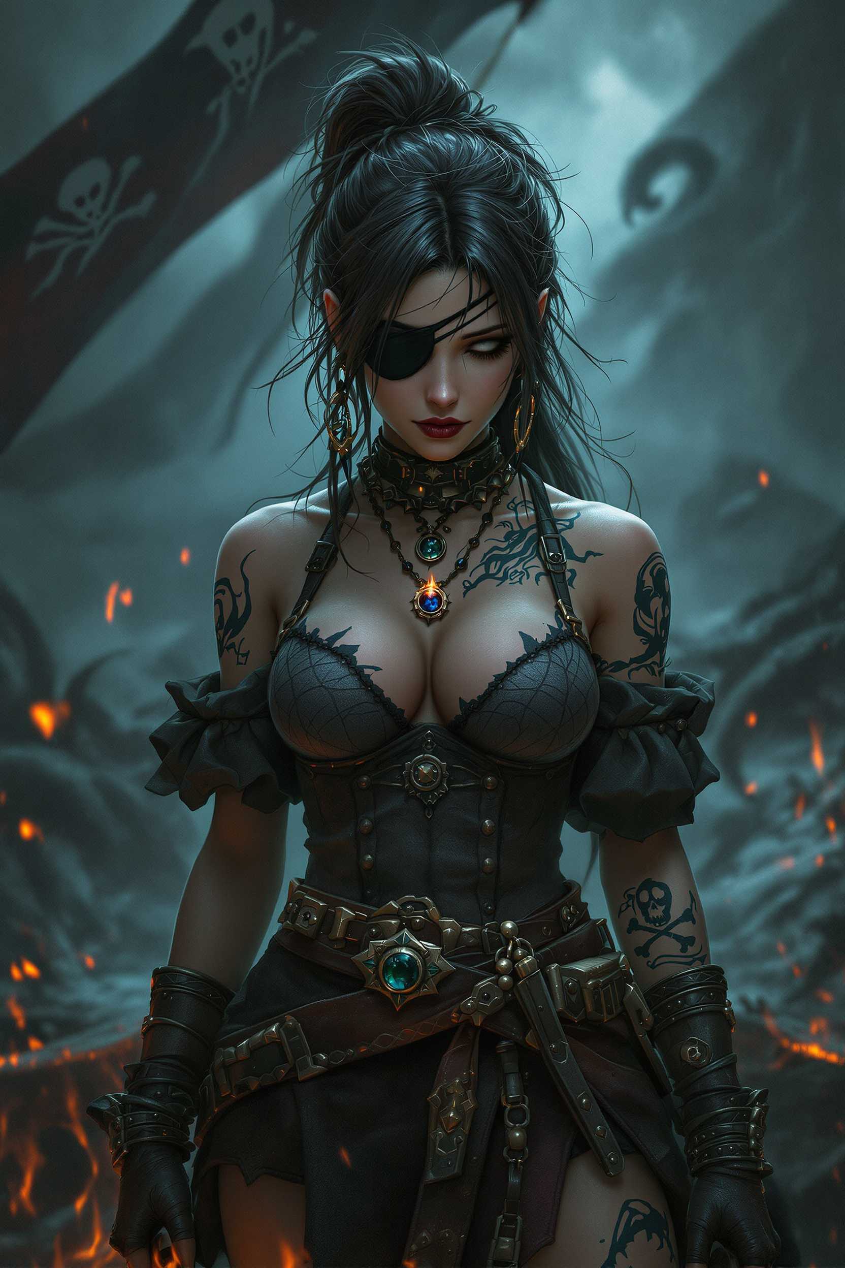 female pirate, 22 years old, ,focus on character, portrait,  looking down, solo, upper body, detailed background, (<lora:AlchemyPunkAI:0.6>, alchemypunkai theme:1.1), cursed privateer, tattoos, simple  pirate captain outfit, eyepatch,  amulet, determined,  sypglass, high seas,  jolly roger flag, flames,    kraken, dark storm, raining,  dark shadows, pirate fantasy atmosphere,
