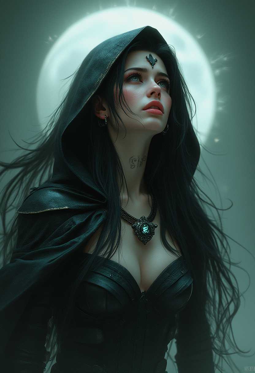 woman, 30 years old, long black hair, green eyes, score_9,score_8_up,score_7_up,score_6_up,ultra highres,masterpiece,ultra quality,, <lora:Concept Art Twilight Style SDXL_LoRA_Pony Diffusion V6 XL:1>,<lora:Expressive_H:1>,expressiveh, portrait, solo, half shot, looking up, detailed background, detailed face, (<lora:Concept - Blood Magic:0.5>,  blood,  bloodmagic theme:1.1),  mythical shadow-assassin,  cape, hood,  dark gray  armour,  black amulet emanating dark power, swift determination, encroaching shadows,  shadow manipulation,  dark  tattoos, sinister otherworldly glyphs,  dynamic movement,  shadowy dark ritual in background, dark color scheme,  shimmering moonbeam, cold wind blowing,  ominous atmosphere,,