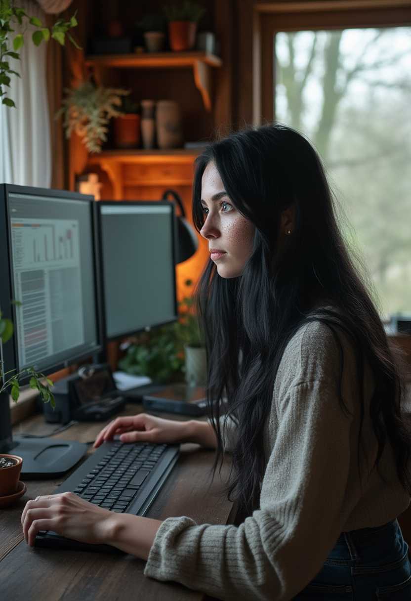 a woman, 33 years old, long straight black hair, pale skin, irish, freckles, hazel eyes, sits at a computer with multiple monitors, working on a project.  In the background is the interior of a irish cottage, with trees outside the window