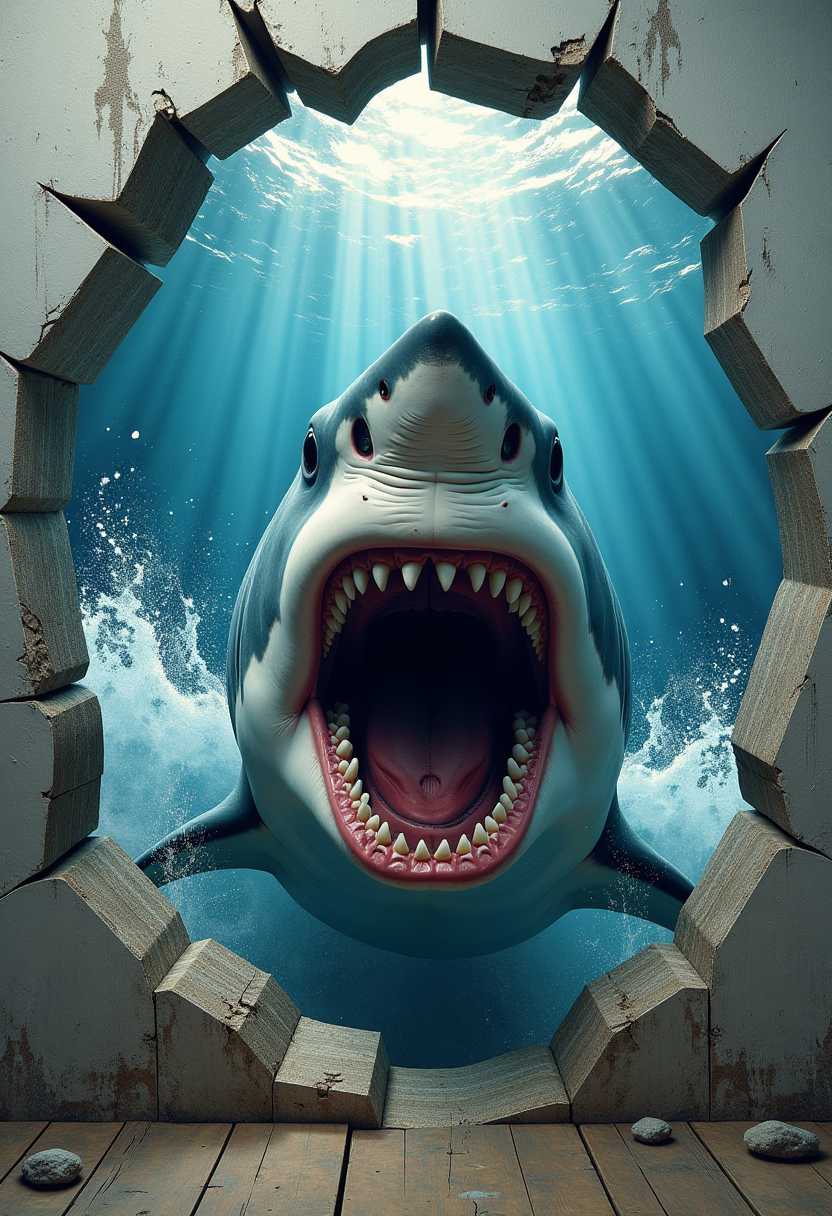 A hyperrealistic image of a white shark breaking through a broken wall with sagged, broken concrete and torn stone edges. The shark pushes out of the picture even further and has a dramatic frontal perspective. His huge mouth is wide open and displays rows of knife-sharp teeth that glisten in the light. His penetrating eyes are highly concentrated and produce a terrifying and dynamic effect. The water splashes fiercely, as if the shark is breaking into reality with force. Behind the shark, a breathtaking underwater world can be seen, with deep ocean depths illuminated by shimmering lights penetrating from above. The colors of the ocean change from dark blue to turquoise, creating a contrast to the shark's gray-white tones. The broken wall structure reinforces the illusion of a real fracture and makes it look like the shark is actually invading the viewer's room.