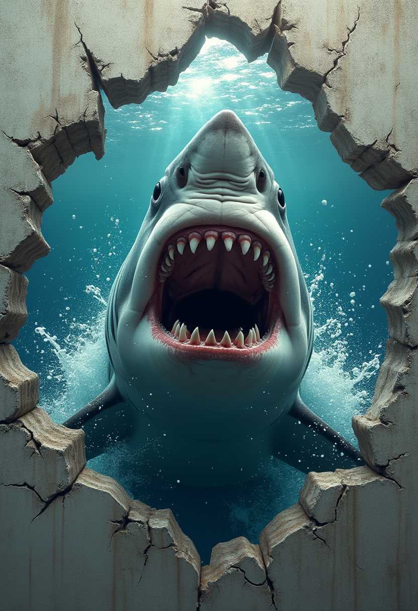 A hyperrealistic image of a white shark breaking through a broken wall with sagged, broken concrete and torn stone edges. The shark pushes out of the picture even further and has a dramatic frontal perspective. His huge mouth is wide open and displays rows of knife-sharp teeth that glisten in the light. His penetrating eyes are highly concentrated and produce a terrifying and dynamic effect. The water splashes fiercely, as if the shark is breaking into reality with force. Behind the shark, a breathtaking underwater world can be seen, with deep ocean depths illuminated by shimmering lights penetrating from above. The colors of the ocean change from dark blue to turquoise, creating a contrast to the shark's gray-white tones. The broken wall structure reinforces the illusion of a real fracture and makes it look like the shark is actually invading the viewer's room.