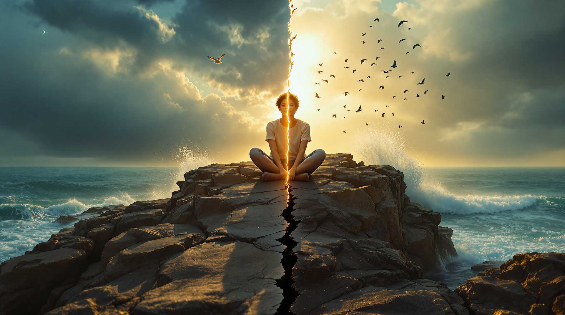 A cinematic, high-contrast image capturing the raw struggle between mental chaos and inner peace, designed as a powerful mindfulness therapy ad.
Subject:

A young adult sits cross-legged in an open landscape, suspended between two vastly different realities. They wear comfortable, neutral-toned clothing, yet their posture subtly betrays tension—one shoulder slightly raised, one hand gripping their knee, the other open and resting gently on their lap. Their face reflects a dual state: one eye calm, the other restless, as if caught between presence and turmoil.
Atmosphere & Lighting:

    Right Side (Serene Clarity):
        The air is soft and warm, touched by golden morning light filtering through a line of gently swaying trees.
        A mirror-like lake stretches into the distance, smooth as glass, reflecting the sky with dreamlike clarity.
        A single bird glides effortlessly above, wings outstretched, catching the sunlight.
        A few floating flower petals drift through the air, moving slowly, weightlessly.
        Their breath is visible in the cool morning air, slow and steady—a subtle indicator of mindfulness.

    Left Side (Cognitive Chaos):
        The air is thick and humid, almost heavy, with a subtle distortion—like heat waves warping the space around them.
        The lake on this side is gone, replaced by fractured, muddy ground, the cracks forming fluid, shifting patterns that refuse to stay still.
        The trees here are twisted and gnarled, their branches curling in on themselves, reaching without purpose.
        Instead of a bird, a swarm of restless black silhouettes flicker in and out of existence, as if caught in a time loop.
        Small, scattered scraps of unreadable handwritten notes drift through the air, some dissolving into the air before hitting the ground—memories, thoughts, unfinished sentences lost to the disorder.

Surreal But Subtle Details (Cognitive Duality):

    The subject's shadow behaves differently on each side—on the right, it's soft and natural, on the left, it's stretched and fragmented, barely clinging to their form.
    Their reflection in the lake exists only on the right side—on the left, the ground absorbs it completely.
    Their hair moves differently—on the right, gently swayed by a soft breeze; on the left, strands stand on end slightly, like static is pulling at them.
    On the right side, their breathing is steady. On the left side, their breath is visible but disperses in erratic, broken patterns.

Composition & Visual Flow:

    Seamless Transition: Rather than a harsh divide, the contrast between the two states is fluid and creeping, like reality subtly shifting between stability and disorder.
    Camera Angle: Eye-level shot, making the viewer feel directly connected to the subject, immersed in their experience.
    Framing: The subject is placed slightly off-center, allowing the background’s transformation to pull the viewer’s eye across the scene naturally, without feeling forced.
    Depth of Field: The figure is sharp, while the chaotic side has a subtle motion blur, reinforcing the sense of mental instability without making it seem too unreal.

Mood & Emotion:

    Dramatic yet immersive—the scene must feel like a moment frozen in time, the split-second before the subject makes a choice: sink into the storm or move toward clarity.
    The chaotic side is unsettling, but not in a supernatural way—it mirrors the way anxiety and mental overload feel, creeping in at the edges rather than overtaking everything at once.
    The peaceful side is not just “calm” but inviting—it feels within reach, like something the viewer can step into.