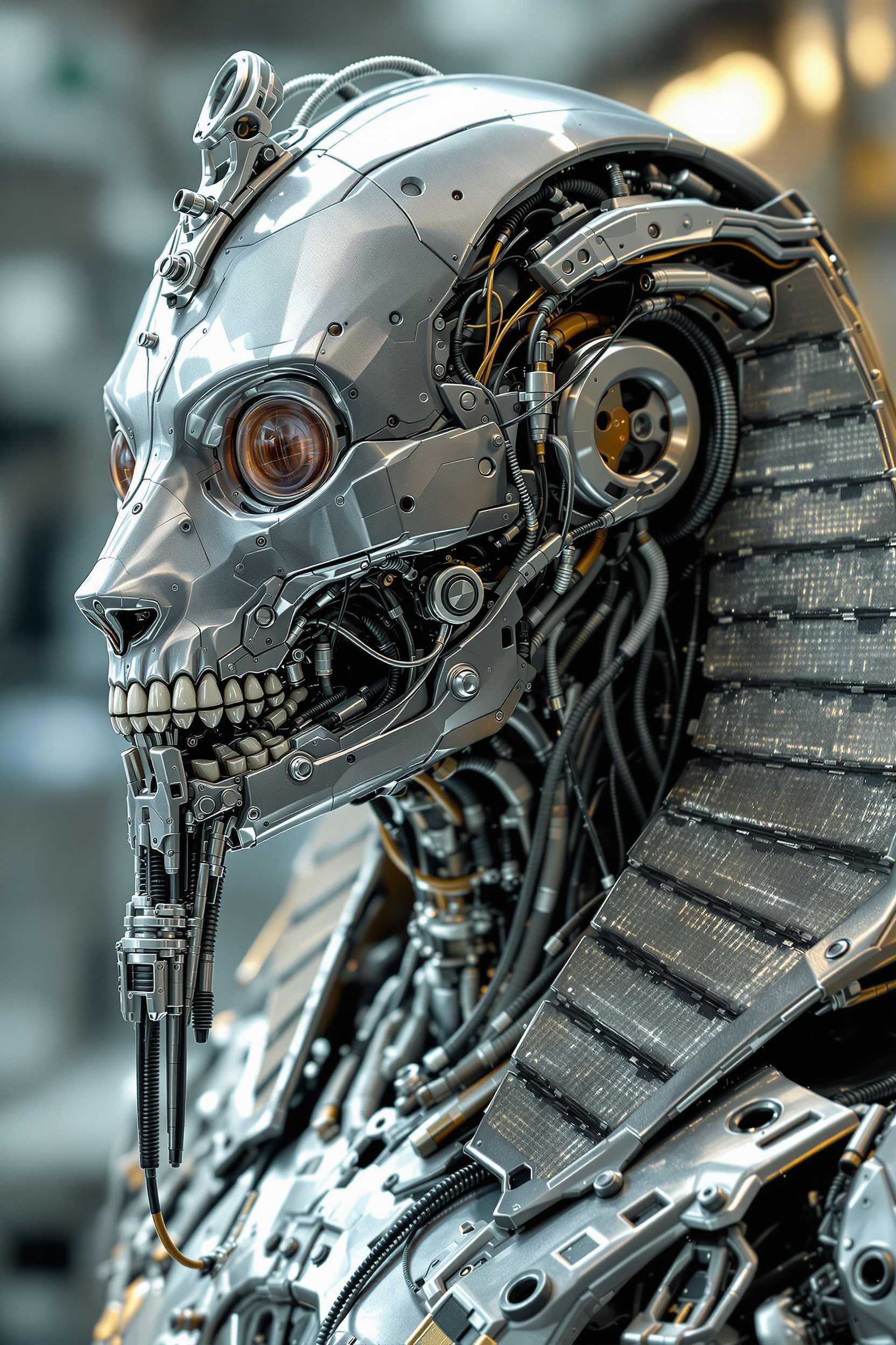 A stunningly detailed, surreal robot of an anthropomorphic sphinx, seamlessly fused with complex biomechanical elements. The silver of the sphinx elegantly transitions into a complex network of tubes, wires, and polished metal plating. Part of the head reveals a partial skull, mixing organic bone with cybernetic enhancements. The background could be a cybernetic lab
