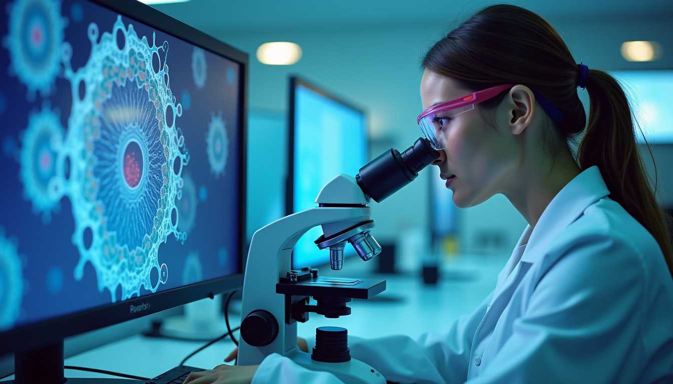 Split screen, on the left side a microscope image of bacteria culture on the right side a female researcher looking through a microbe in a research laboratory 