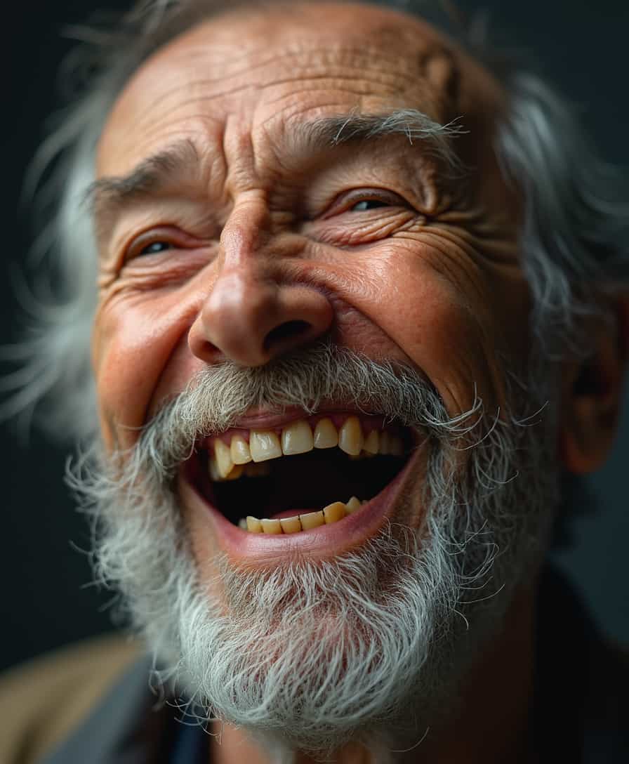 hyper detailed, intrinsic detailed, 8k, UHD, professional photo, closeup portrait of old man with grey beard, open mouth showing his gaps in teeth, brown and broken teeth, laughing 