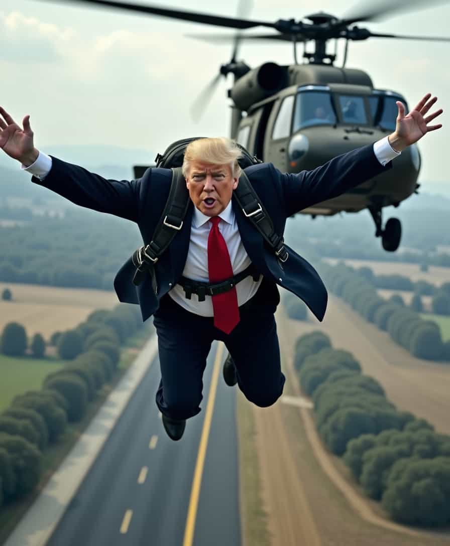 Donald Trump as parachutist jumping out of a Black Hawk helicopter