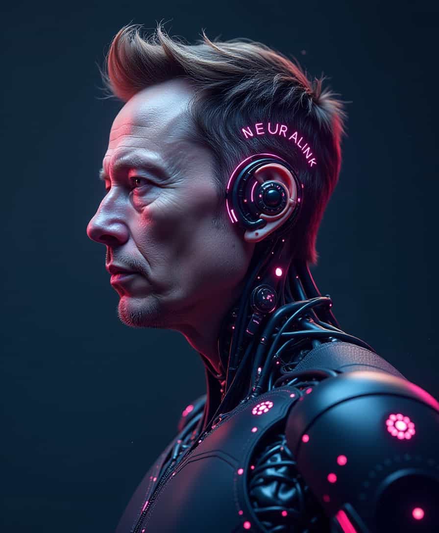 Logo in neon letters: "Neuralink", Futuristic humanoid half Elon Musk, half robot, image titled with text "Neuralink", dark background