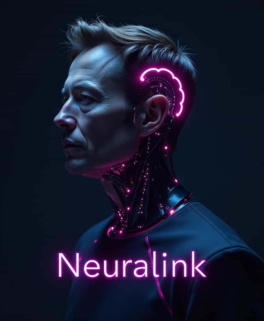 Logo in neon letters: "Neuralink", Futuristic humanoid half Elon Musk, half robot, image titled with text "Neuralink", dark background