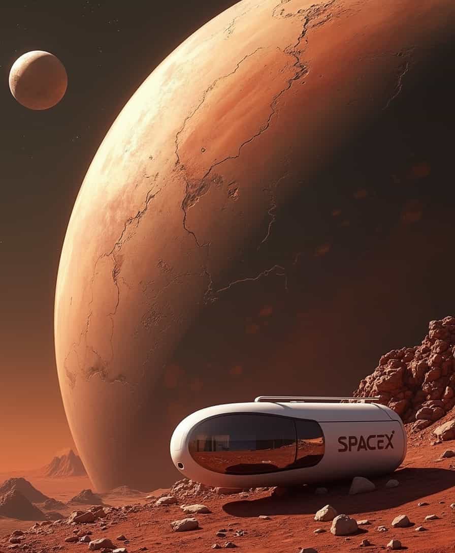Logo in modern letters: "SpaceX", Futuristic container laboratory on the surface of planet Mars