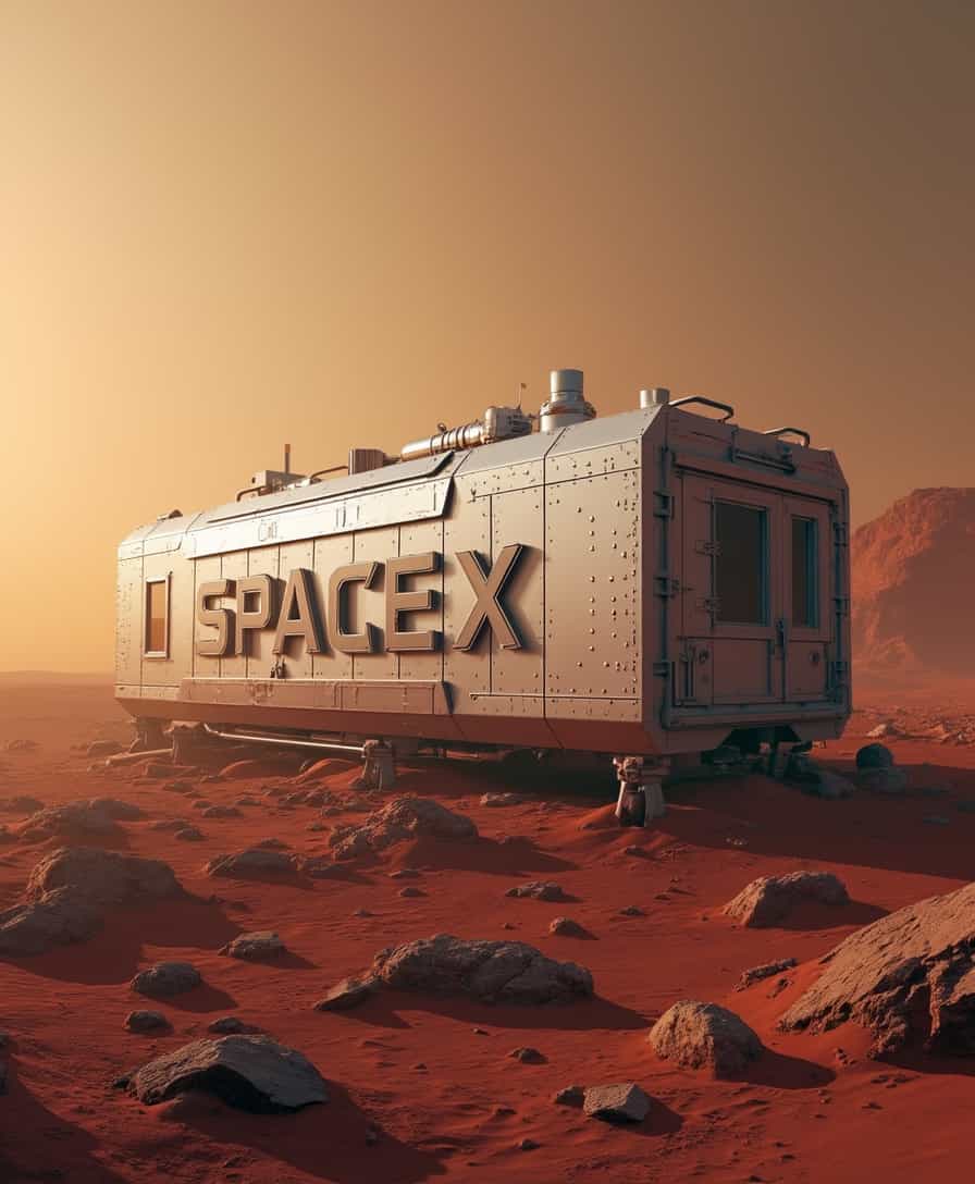 Logo in modern letters: "SpaceX", Futuristic container laboratory on the surface of planet Mars