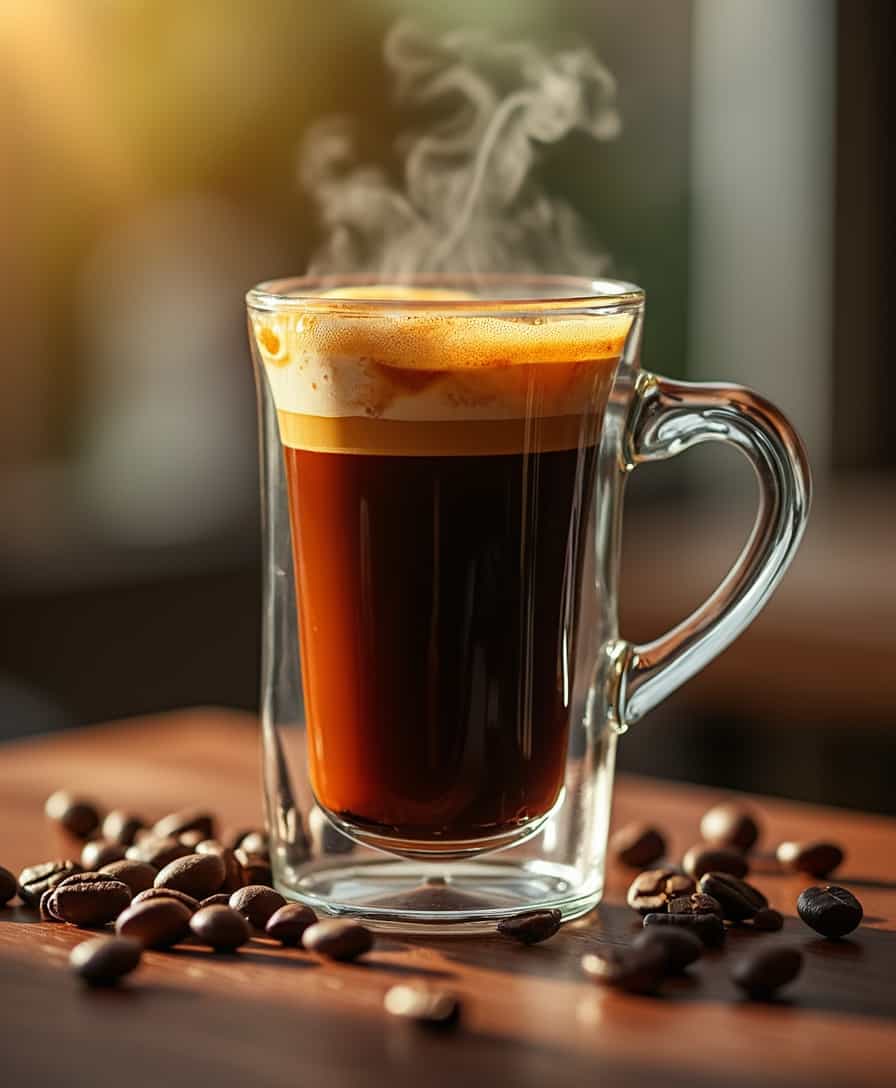 A close-up, high-quality image of a freshly brewed coffee served in a transparent glass cup. The coffee has a rich, dark brown color with a smooth, velvety crema on top. Soft natural lighting highlights the steam gently rising from the cup, creating a warm and inviting atmosphere. The background is blurred with warm tones, resembling a cozy café setting. The glass is placed on a wooden surface with a few scattered coffee beans for an artisanal touch. The overall aesthetic is clean, modern, and high-end, perfect for a premium coffee brand.