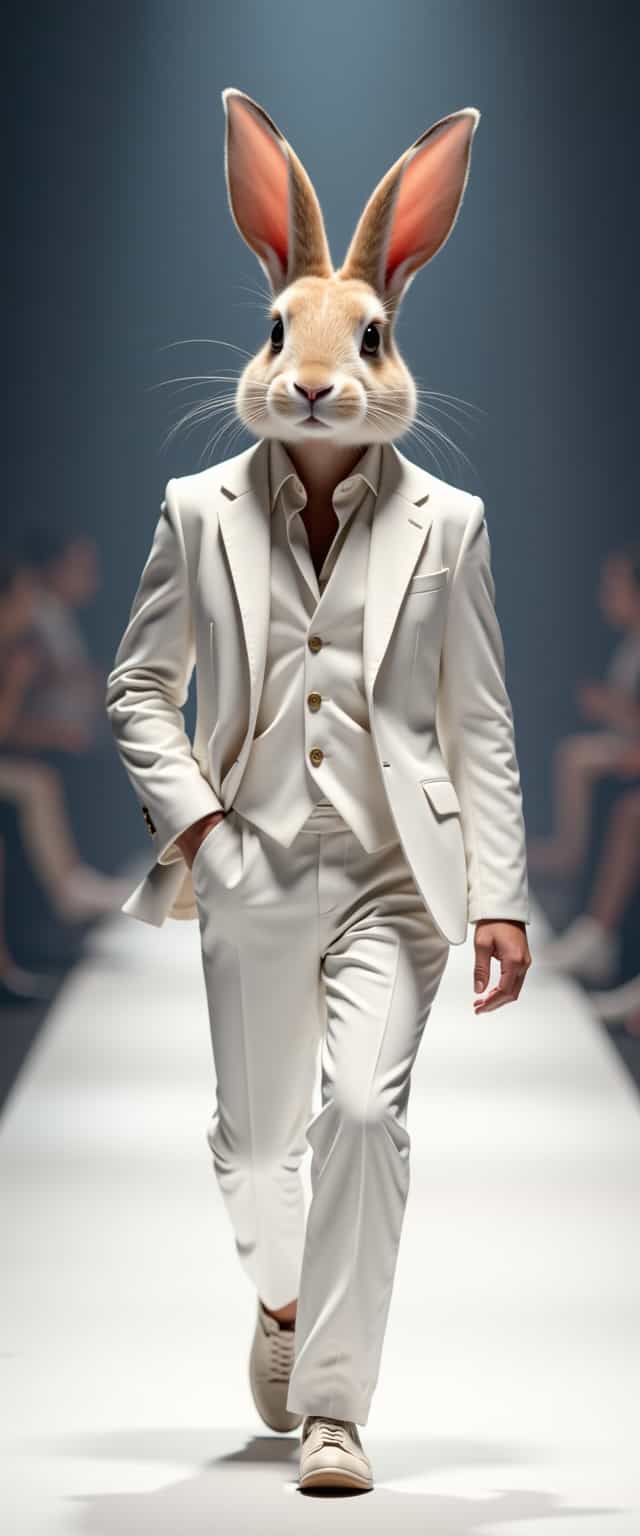 A stylish anthropomorphic rabbit confidently walks down a runway like a fashion model. It wears an elegant all-white outfit—a tailored blazer, crisp trousers, and polished shoes. Its fur is neatly groomed, and it sports a trendy, well-styled haircut. The rabbit's long ears add to its charm as it struts with confidence. The runway is illuminated with soft lights, highlighting its fashionable presence. The background is blurred, focusing on the rabbit’s graceful walk and stylish attire."
