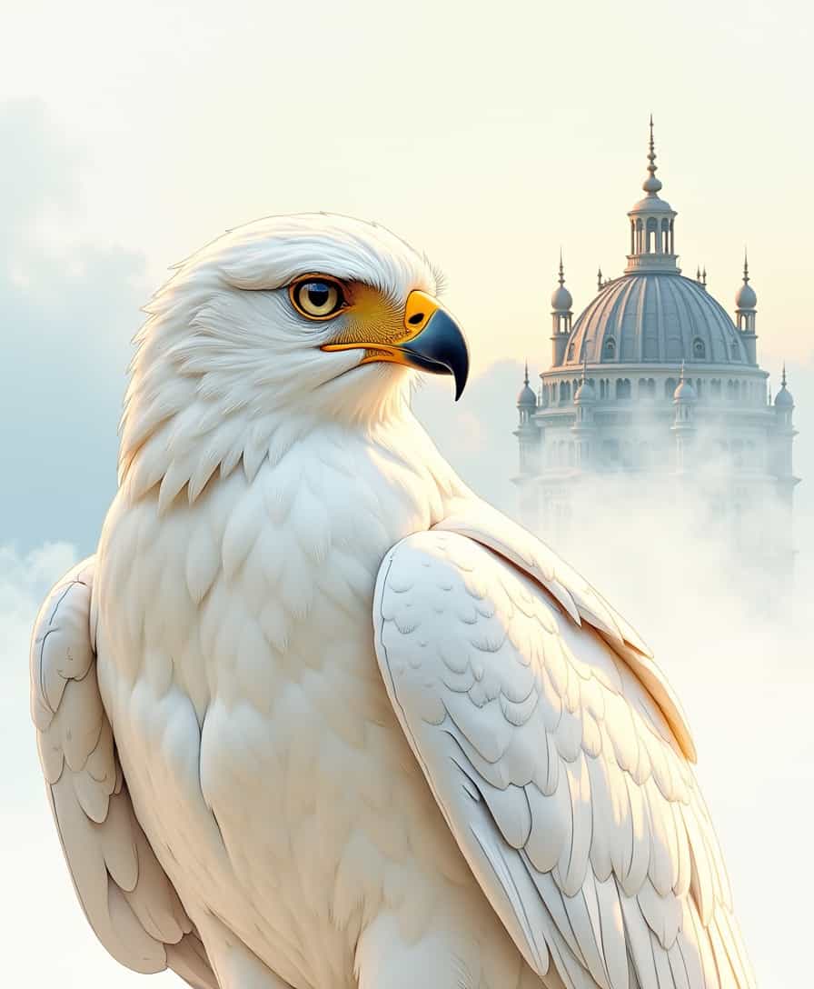 A majestic white hawk, painted in soft watercolor strokes, with smooth plumage combining white and golden accents, radiates elegance and strength. His sharp, calm eyes reflect wisdom and confidence, while his noble expression adds majesty to the image.

In the background, the silhouette of a luxury residence rises through a light haze, executed in a delicate watercolor technique and contrasting harmoniously with the falcon. The sky is colored in gentle blue shades, smoothly transitioning into sunny fog, which creates a peaceful and at the same time dynamic atmosphere. The color palette includes soft white, warm neutral tones, muted blue and golden accents that convey a sense of peace and strength.
