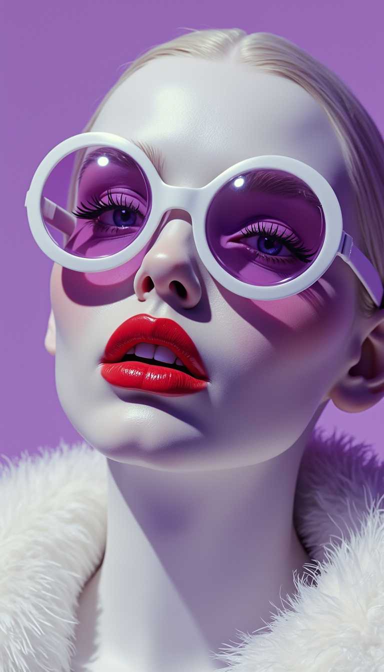 Highly stylized, close-up portrait of a person with a surreal, almost otherworldly appearance. Violet background.  The subject has a smooth, white skin, with striking red lips that are glossy and well-defined. They are wearing large, white-framed sunglasses with violet-tinted lenses that cover a significant portion of their face, adding a bold contrast to the overall color scheme. The person has long, thick eyelashes and their facial features are sharp and symmetrical. They are also adorned in a white, fur-like garment that adds texture to the image. The overall aesthetic is futuristic and fashion-forward, with a strong emphasis on color contrast and smooth textures.