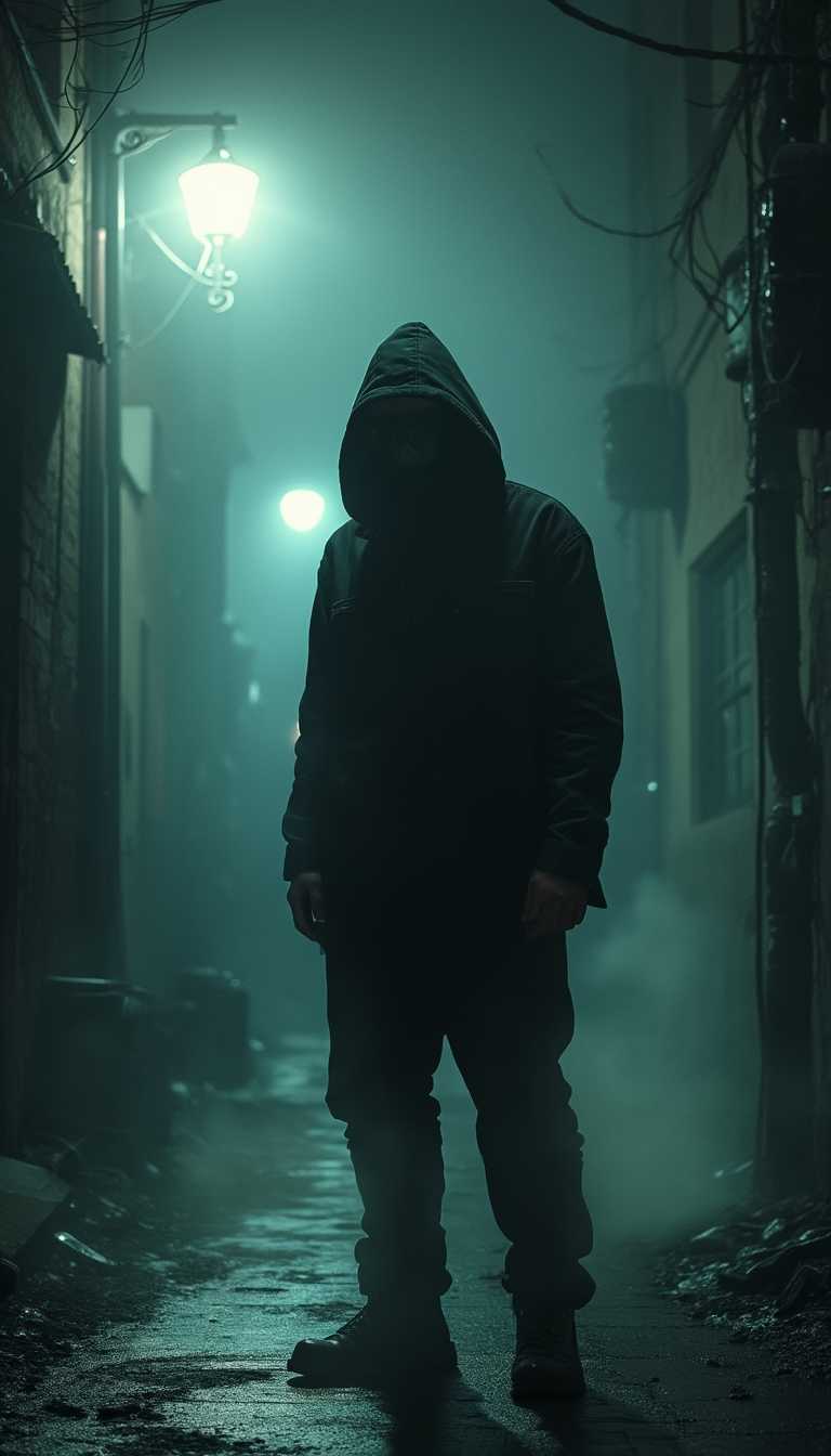 A mysterious, shadowy figure standing in a dimly lit alley. His face is obscured by darkness, with only a faint smirk visible under a hood or hat. He wears dark clothing, blending into the surroundings, and his posture is unsettling yet calm. A cold mist surrounds him, and the eerie glow of a streetlight casts long shadows on the ground. The atmosphere feels tense, as if he's waiting for something—or someone