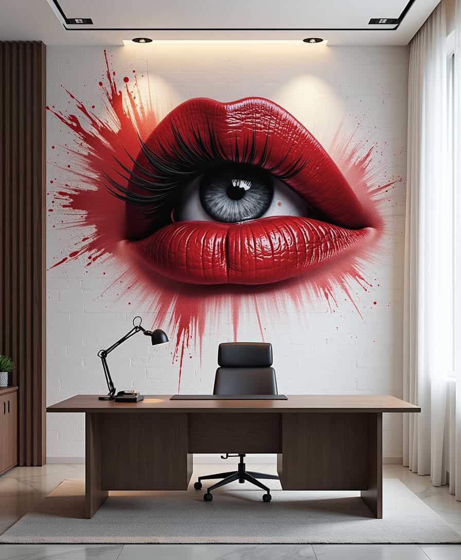 Cree una imagen de un impresionante mural en una pared de estuco veneciano con un acabado en un color blanco brillante con llamativas vetas negras y rojas, que irradia un fascinante impacto visual de alto contraste, situado en un entorno de oficina moderno con muebles elegantes y minimalistas y una iluminación sutil y cálida que acentúa los intrincados detalles del mural, las texturas del estuco y el ambiente refinado de la habitación, capturando una sensación de sofisticación y elegancia.
