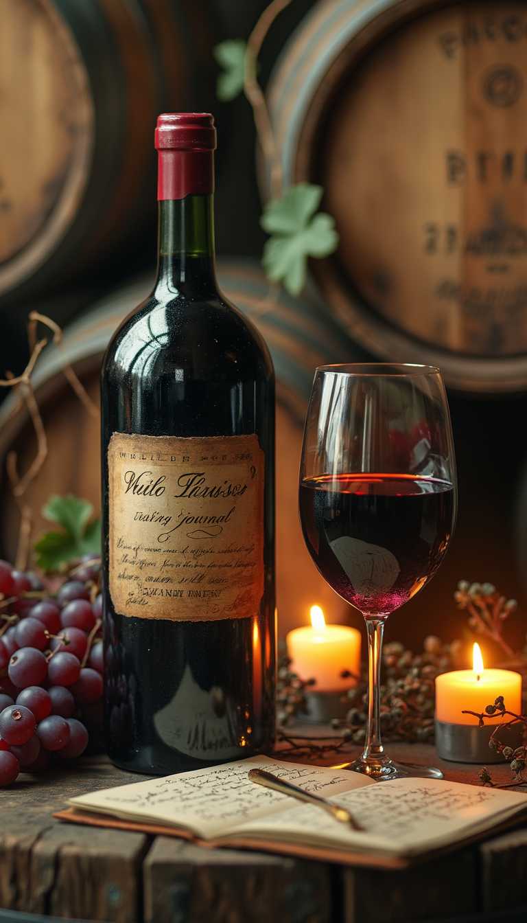  a vintage wine bottle, a crystal glass with deep red wine, and aged wooden barrels. Surround the scene with delicate grapevines, soft candlelight reflections, and handwritten notes of a sommelier’s tasting journal. The mood is warm, inviting, and timeless