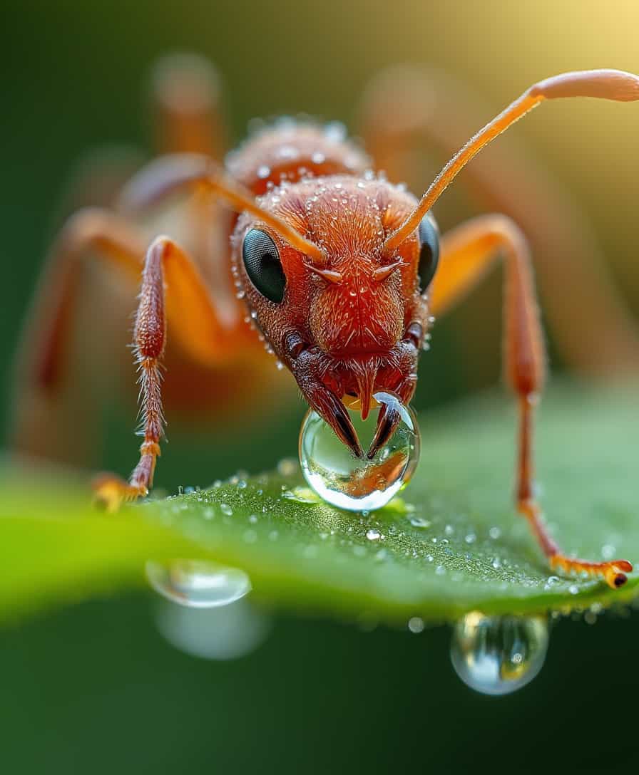  A super-detailed close-up of an ant drinking from a dew drop on a green leaf, high magnification, ultra-realistic textures, sharp focus on the ant's face and dew, blurred natural background, soft sunlight illuminating the scene, dynamic depth of field, slow-motion camera angle capturing the ant’s delicate movements