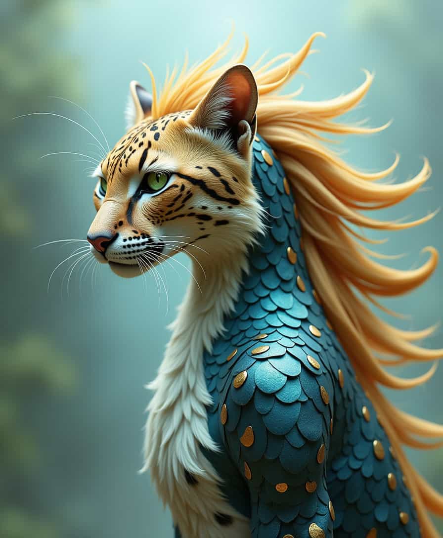 Create a surreal, hybrid creature that combines the sleek, silver body of a swordfish with the agility and features of a nimble animal, such as a cheetah or leopard, with a blend of scales and fur in shades of metallic blue and golden brown, its sword-like bill protruding from a feline-inspired head with piercing green eyes, whisker-like barbels, and a flowing, iridescent mane that resembles the shimmering scales of the swordfish, set against a misty, dreamlike background with subtle, oceanic undertones, capturing the essence of a swift, powerful predator that dominates both land and sea.
