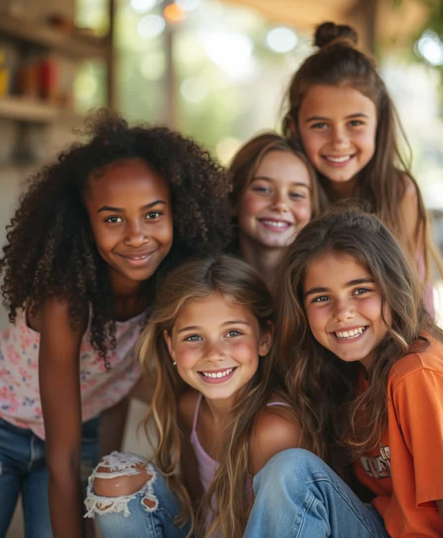 A vibrant photograph showcasing a group of three to five tween girls, aged around 11-14, with diverse skin tones and hairstyles, posing together in a relaxed and natural setting, perhaps in a park or a cozy indoor space, with soft, warm lighting that captures the subtle texture of their skin and clothing, and a shallow depth of field that gently blurs the background, drawing attention to the subjects' bright, lively faces and radiant smiles, with a focus on authentic, unposed expressions that convey a sense of friendship and playful camaraderie.