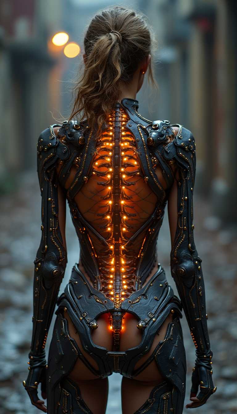 photography, woman model, 45-degree angle rear view, detailed exoskeleton jacket, inspired by skeleton, futuristic, sustainable materials, ambient lights effect, intricate textures, rich detailed 