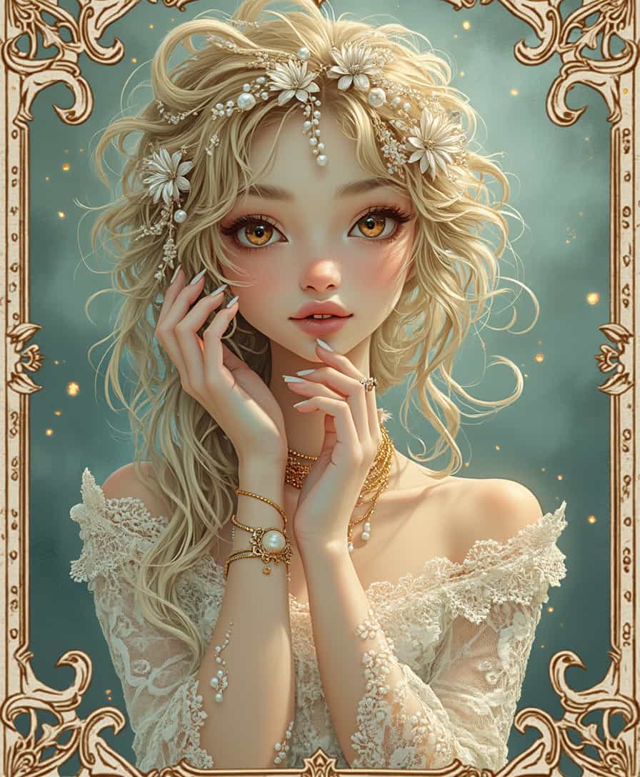 A whimsical Tarot card-inspired illustration featuring a beautiful, ornate card with intricate Gothic details, shimmering with a touch of glittering magic, evoking a sense of mystique and wonder, reminiscent of a vintage trump card, with a soft, dreamy quality, adorned with delicate lace-like patterns, pearls, and subtle, muted colors, predominantly in shades of creamy whites, soft pinks, and powder blues, with hints of gold and bronze accents, exuding an aura of mysticism and enchantment, with subtle sparkles and glints that seem to dance across the surface, inviting the viewer to step into a world of mystic wonder and curiosity.