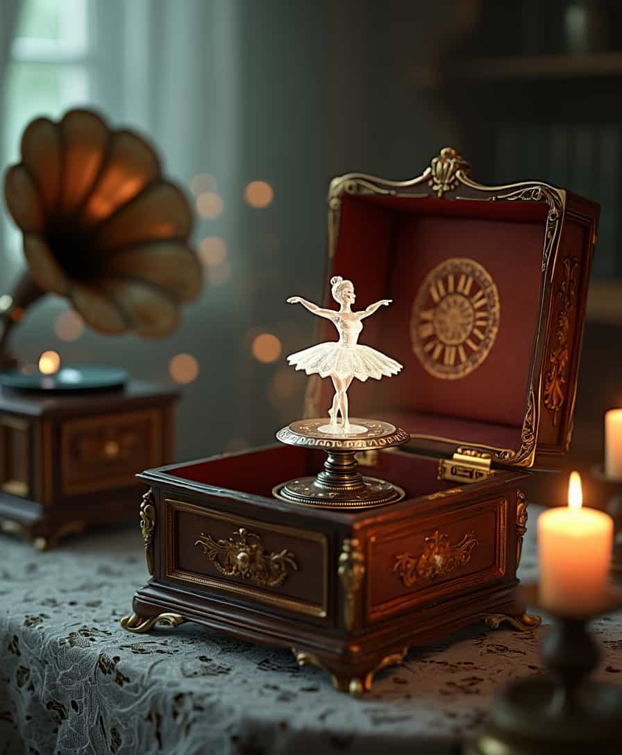 A breathtaking 3D render of an ornate Victorian-era music box, crafted from rich mahogany with delicate golden inlays. Inside, a translucent crystal ballerina glows softly as she spins atop a mirrored pedestal, refracting light in dazzling patterns. The open lid reveals intricate clockwork gears, gleaming with aged brass and silver. The atmosphere is filled with the soft glow of flickering candlelight, while an antique gramophone and lace-covered table enhance the nostalgic, romantic ambiance."