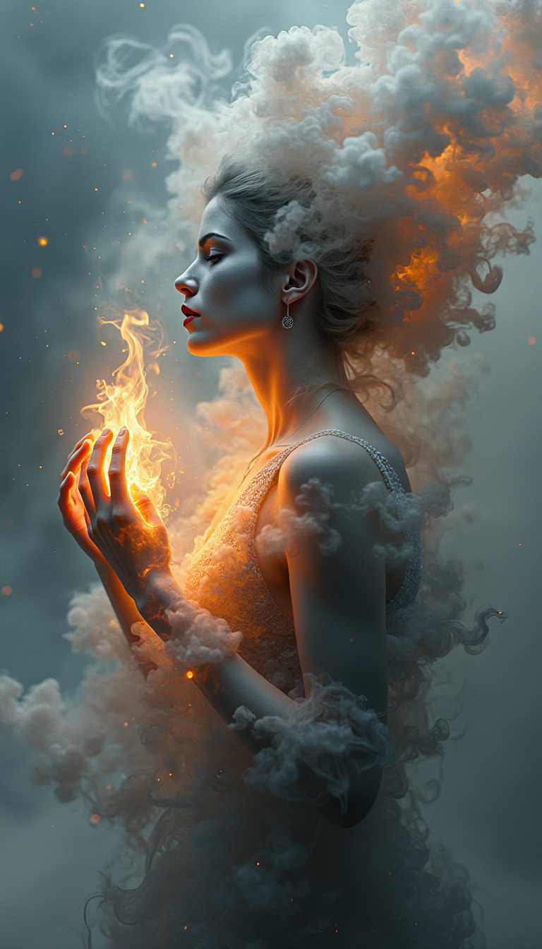 An ethereal figure of a woman composed of swirling smoke and ash, delicately holds a flaming crown that refuses to burn. This captivating image, reminiscent of a painting, showcases a being that embodies mystery and enigma, exuding an otherworldly allure. The intricate details of the smoke and ash, along with the mesmerizing movement of the shifting letters, create a hauntingly beautiful and high-quality visual masterpiece.