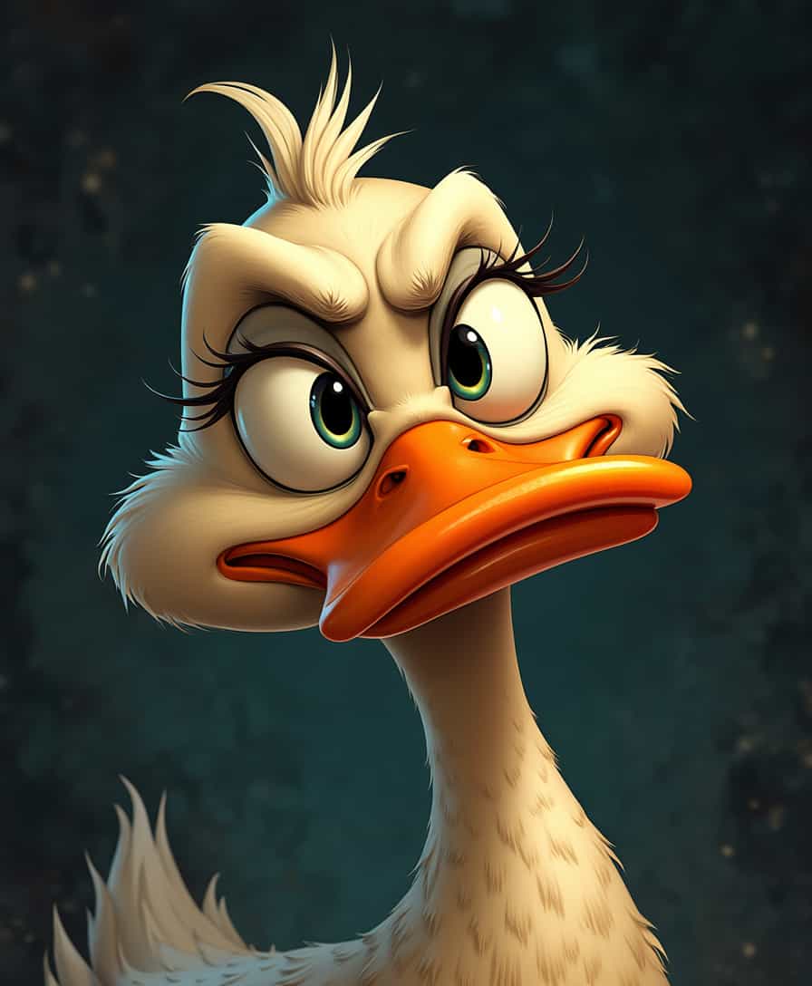 A highly detailed, close-up digital illustration of a cartoon duck displaying a skeptical expression, characterized by exaggerated facial features, oversized, rounded eyes with thick eyelashes, and a vibrant, elongated orange beak, set against a dark, richly textured background with subtle gradient effects, allowing the duck's features to take center stage, with bold, crisp lines and smooth, blended shading creating a dynamic visual contrast.