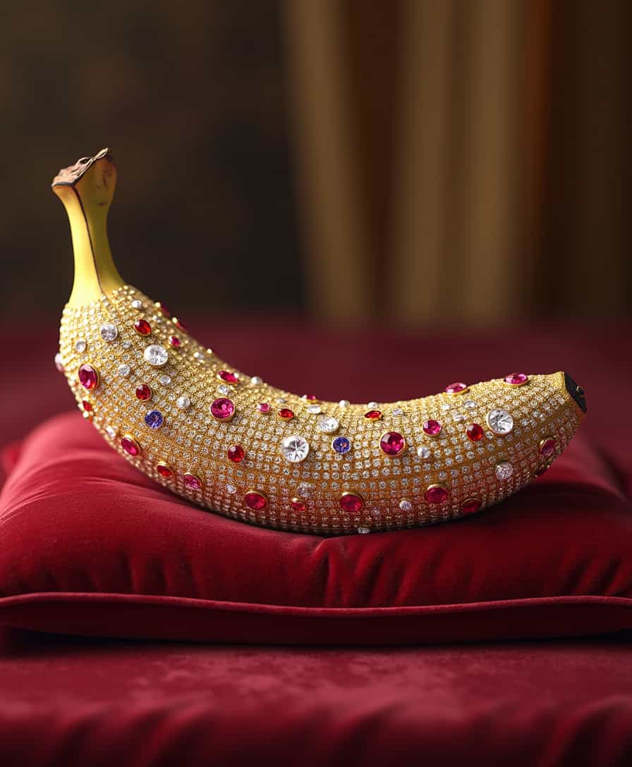 A hyper-realistic banana completely encrusted with luxurious jewels, entirely covered in sparkling diamonds, rubies, and sapphires, no visible skin, intricate gold accents weaving through the gems, resting on a luxurious velvet cushion under soft cinematic lighting, soft bokeh effect, vibrant colors, high detail, jewelry showcase style, 8k resolution