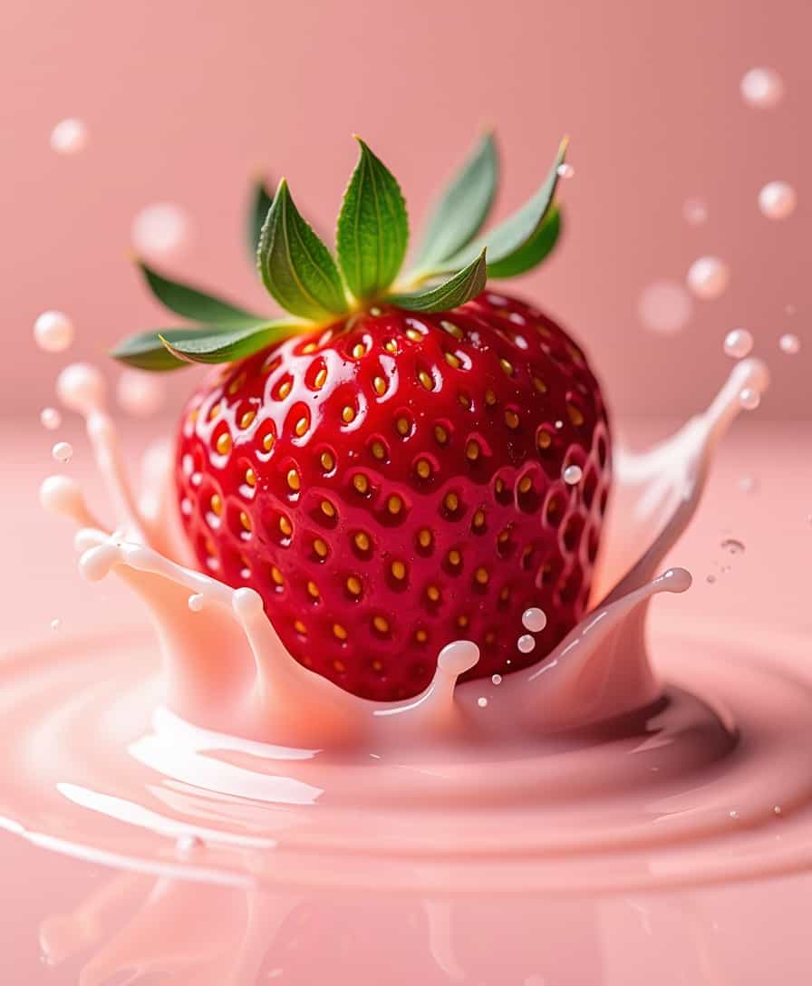 A plump, vibrant, ripe red strawberry, glistening with dew, plummeting from above, its delicate green leafy crown still attached, tiny juice droplets spraying in all directions like miniature diamonds, as it splashes into a smooth, creamy, pastel pink strawberry juice, creating a mesmerizing, circular ripple effect, capturing the precise moment of impact, with an ultra-sharp, high-speed photography effect, rendered in stunning, pin-sharp, ultra-HD 4K resolution, with intense, vivid colors and remarkable textures, conveying a sense of dynamic movement and energy.