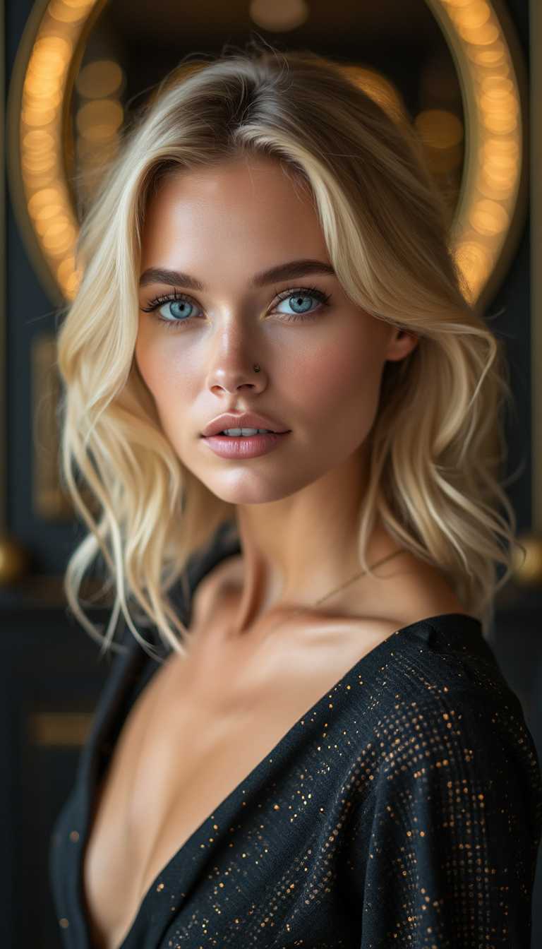 Full body of a beautiful blonde woman with striking blue eyes, illuminated by professional studio lighting in 8K resolution. The background features an elegant mix of gold and black tones, creating a luxurious and dramatic atmosphere. The lighting highlights her facial features with soft yet detailed shadows, emphasizing her radiant beauty