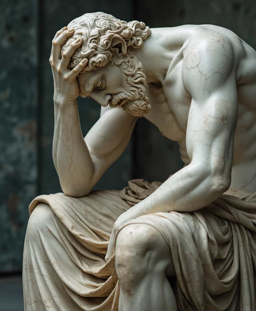 A cinematic photo of a majestic marble statue of an ancient Greek philosopher, exuding profound despair and sorrow. The philosopher is seated in a contrapposto position, with his weight shifted onto his right leg, hunched over, and his head resting on his right hand, with eyes closed as if overwhelmed by the weight of his thoughts. His facial expression is one of anguish, with deeply furrowed brows, a tightly clenched jaw, and an overall sense of inner torment, as if the burden of his philosophical musings is crushing his very soul. His classical Greek robes flow around him in elegant folds, with intricate draping and creasing, adding to the solemn atmosphere. The finely detailed stone texture captures the fragile state of his mind, as if his very spirit is heavy with hopelessness, the subtle play of light and shadows accentuating the subtle cracks and veins in the marble, conveying the philosopher's emotional turmoil through the subtle nuances of the statue's weathered surface.