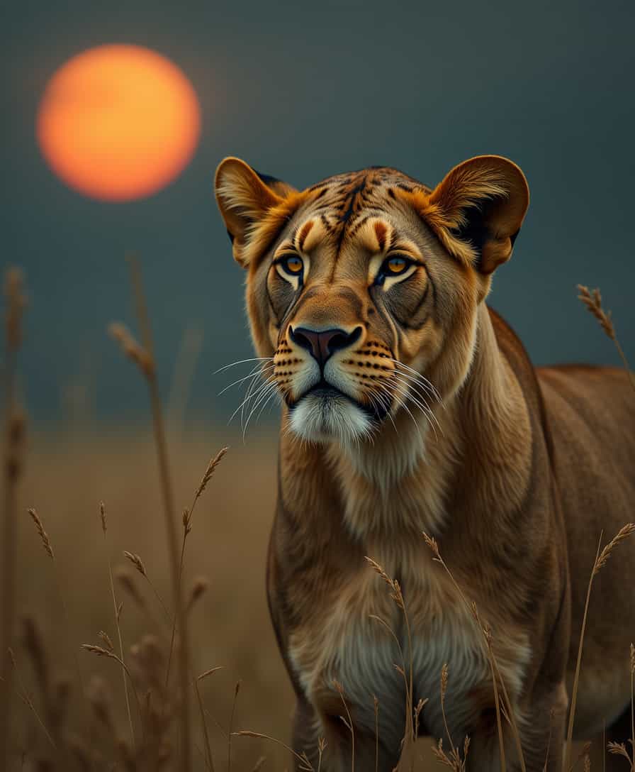 A melancholic lioness, her tawny fur mussed and her ears drooping, stands amidst the parched grasses of a savannah, where the normally vibrant flora appears wilted, reflecting her somber mood. In the background, a darkened sun, shrouded in a thick, greyish haze, casts an eerie, orange-tinged glow. The lioness's eyes, a deep, sorrowful amber, seem to hold a deep sadness, her whiskers limp and her nose slightly upturned, as if sniffing the air for a comfort that's nowhere to be found. The atmosphere is heavy with a sense of desolation, the once-lush landscape now withered and barren, mirroring the lioness's forlorn expression.