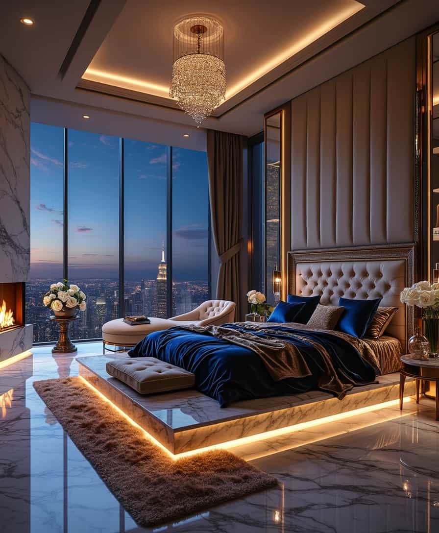 A breathtaking ultra-luxurious master bedroom with a panoramic floor-to-ceiling glass wall offering a stunning city skyline view at night. The plush king-sized bed, dressed in silk and velvet bedding in deep navy and gold tones, sits atop a custom-designed marble platform with built-in ambient lighting. A high-end, tufted headboard with intricate gold detailing extends to the ceiling, adding to the grandeur.

To the left, a sleek modern fireplace with a marble surround flickers warmly, casting a soft golden glow. A designer chandelier with cascading crystal elements hangs from the high ceiling, enhancing the elegance. A cozy lounge area by the window features a curved velvet chaise lounge and a small marble coffee table, holding a fine crystal decanter and a bouquet of fresh white roses.

On the right, a walk-in closet with backlit glass wardrobes displays an exquisite collection of designer clothing and accessories. Adjacent, a luxurious en-suite bathroom with a freestanding marble bathtub, a rain shower, and gold-accented fixtures adds to the indulgence.

The room's ambiance is elevated by soft, recessed lighting, rich textures, and a perfect balance of modern sophistication and classic elegance. Every detail, from the glossy marble flooring to the handcrafted decor pieces, reflects unparalleled luxury. Hyper-realistic details, cinematic lighting, ultra-HD textures, and a refined color palette create a truly immersive experience.