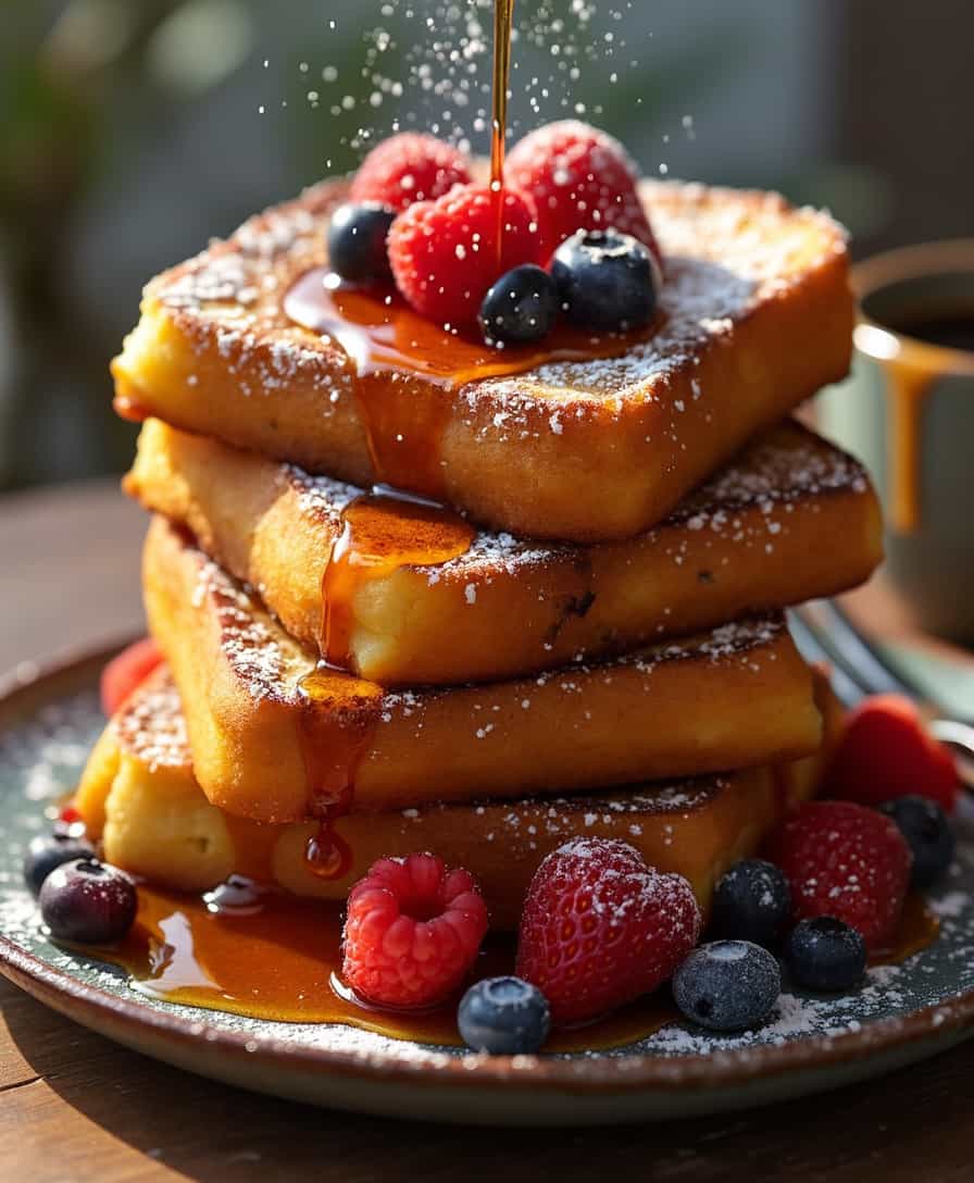 A stack of golden, fluffy French toast stacked high on a rustic plate, with a dusting of powdered sugar on top. The edges are slightly crispy, while the inside is soft and tender, with a hint of cinnamon. A generous drizzle of rich maple syrup cascades down the sides, pooling at the base. Fresh berries, like strawberries, blueberries, and raspberries, are scattered around the plate, adding vibrant color and a touch of freshness. The warm, inviting scene is bathed in soft morning light, with a cup of coffee placed beside the plate, completing the cozy breakfast vibe.