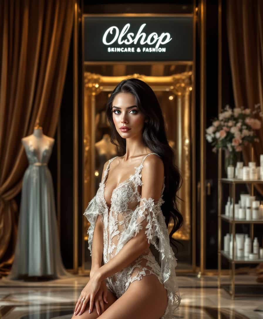 A lavish, high-end fashion photography setup showcasing the opulent interior of Olshop Skincare & Fashion Store, bathed in soft, golden light, with plush velvet drapes and polished marble floors. The walls are adorned with ornate, gilded frames, housing exquisite couture garments and sophisticated clothing on elegant, slender mannequins. A stunning model, with porcelain skin, raven-black hair, and piercing emerald green eyes, poses effortlessly amidst the lavish decor, exuding confidence and sophistication. Delicate, lace-like fabrics and intricate embroidery on the garments catch the light, as the model's slender fingers graze the intricate details. The Olshop logo, in bold, modern script, is embossed on a gleaming, chrome-plated sign above the store's entrance, while sleek, minimalist shelves showcase an array of high-end skincare products in sleek, frosted glass bottles.