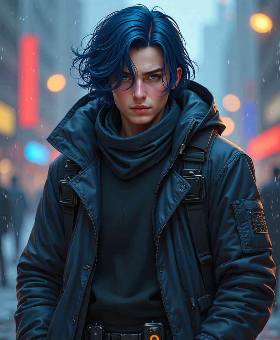 A fiercely ambitious German hacker, his shoulder-length dark blue hair tamed in wild waves. Clad in tactical cyberpunk attire, including a hooded long coat, he exudes a determined and smart aura. This striking individual is vividly portrayed in a high-quality, digitally rendered painting. Every detail is meticulously depicted, from the tactical cyberpunk clothes to the hacker gadgets adorning his belt. The image captures the essence of a young, smart, and determined cyberpunk hacker, immersing viewers in a world where technology and ambition collide. Rich colors and intricate details bring this character to life, making the image a captivating visual feast.