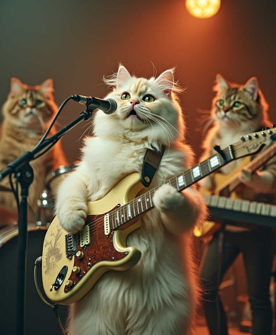 A nostalgic, cross-processed image of a Persian cat rock band performing live on stage, captured with the warmth and grit of vintage film photography, reminiscent of a 1970s music scene. The soloist cat, with its fluffy white fur and piercing green eyes, takes center stage, passionately singing into a vintage microphone while playing a worn, cream-colored electric guitar. The surrounding cats, each with their unique facial features and shimmering fur, provide a dynamic backdrop, with one cat on the drums, another on the bass, and a third on the keyboards. The image, shot with a Canon 5D Mark 4 and a 135mm portrait lens, features a shallow depth of field, with the band members slightly blurred, emphasizing the soloist cat's performance. The color palette is warm and muted, with earthy tones of sienna, golden brown, and olive green, evoking the feeling of a sunny summer evening. The overall aesthetic is nostalgic, dreamy, and slightly retro, capturing the essence of a moment frozen in time.