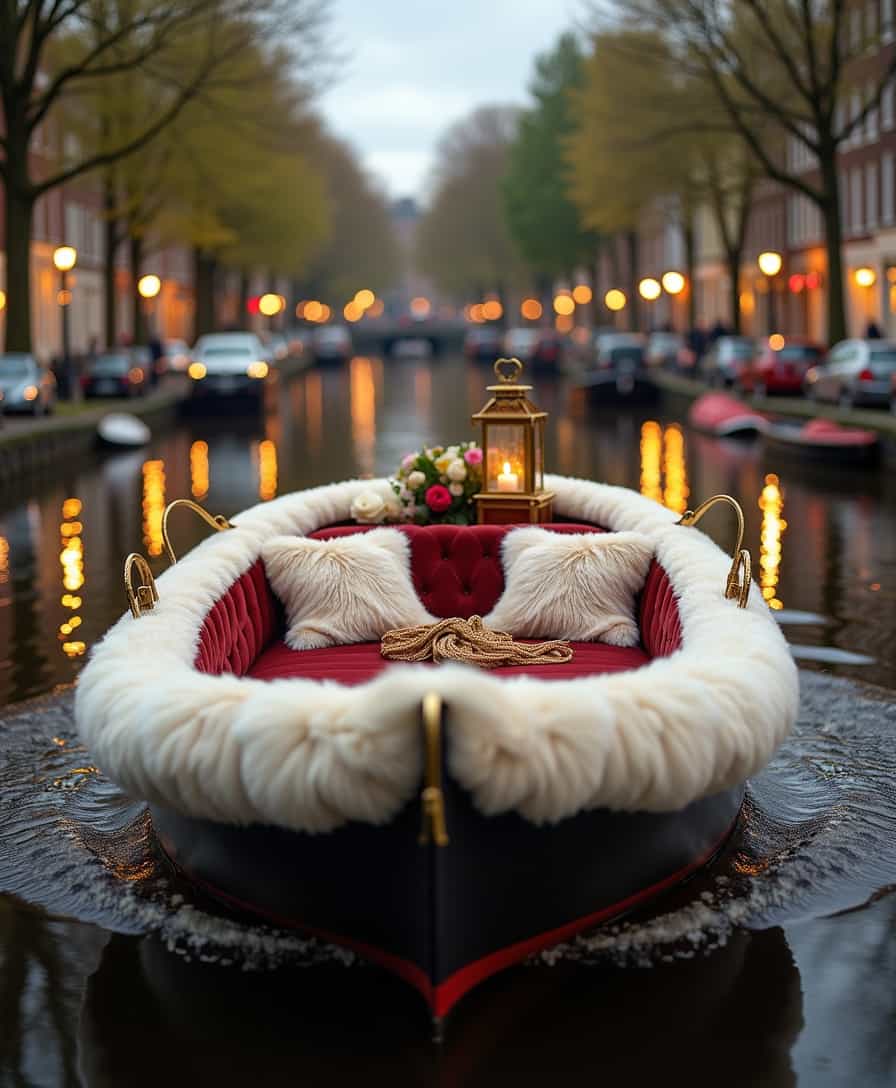 On the serene waters of an Amsterdam canal, surrounded by charming 17th-century brick buildings and peaceful cobblestone streets, floats a one-of-a-kind boat. This boat, unlike any other, is draped entirely in luxurious, soft fur. The exterior is covered in a rich, cream-colored luxury fur, shimmering slightly as it catches the light from the passing canal-side street lamps. The boat’s seats are plush and upholstered in deep velvet, while fur throws are carefully placed across the deck, inviting passengers to sink into comfort. Inside, gold accents glisten under the soft glow of antique lanterns, and lush floral arrangements add a touch of elegance. The boat moves gently through the water, the soft rustling of the fur blending with the distant hum of the city and the quiet ripples of the canal. It’s a surreal yet cozy juxtaposition—modern luxury amidst the historic beauty of Amsterdam’s iconic canals.
