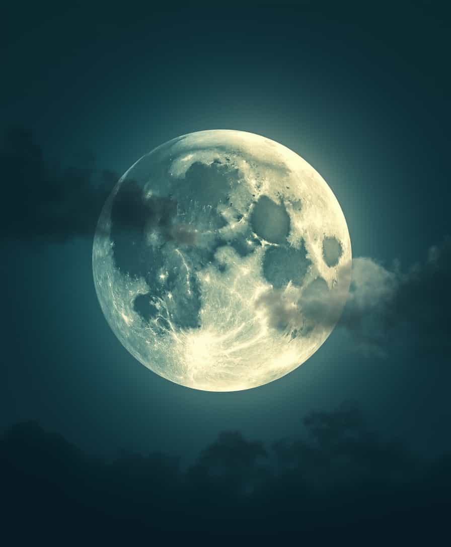 A serene and majestic full moon, illuminated against a dark cyan night sky, its luminous cratered surface rendered in soft, ethereal shades of gray and white, with hints of cream and beige, surrounded by a subtle, starry expanse, perhaps with a few wispy clouds drifting across its face, all within a simple, uncluttered composition that draws the viewer's gaze directly to the moon's tranquil beauty.