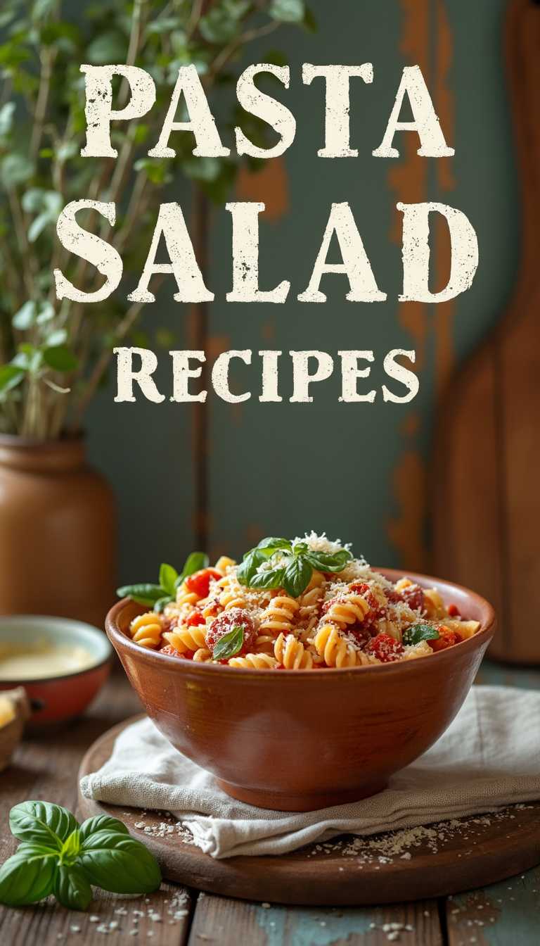A warm, rustic setting with a distressed wooden table and a worn, linen tablecloth, surrounded by lush greenery and vintage kitchen utensils, featuring a simple yet vibrant pasta salad served in a handmade, earthy-toned ceramic bowl with a slight crack, garnished with fresh basil leaves and a sprinkle of parmesan cheese. The background is a muted, earthy color palette with hints of golden brown and olive green. "Pasta Salad Recipes" is displayed prominently in a classic, slightly weathered font with subtle texture, resembling hand-painted letters, in a creamy white color that complements the warm tones of the setting. The overall aesthetic is cozy, inviting, and reminiscent of a Tuscan countryside. The image is captured in a 9:16 aspect ratio, with the bowl placed slightly off-center, drawing the viewer's attention to the delicious pasta salad.