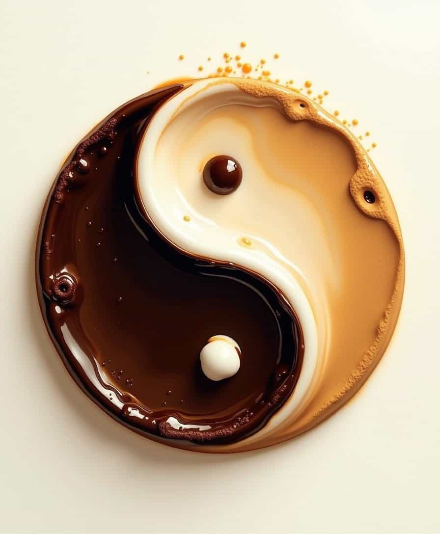 A floating symbol of Yin and Yang, crafted from perfectly balanced streams of coffee and milk. One half of the symbol is rich, dark coffee with deep brown hues and golden highlights. This image is a painting depicting the harmonious blend of the two contrasting elements. The coffee portion is velvety and aromatic, while the milk part gleams with a creamy smoothness. Every detail is meticulously rendered, capturing the essence of balance and unity in this exquisite work of art.