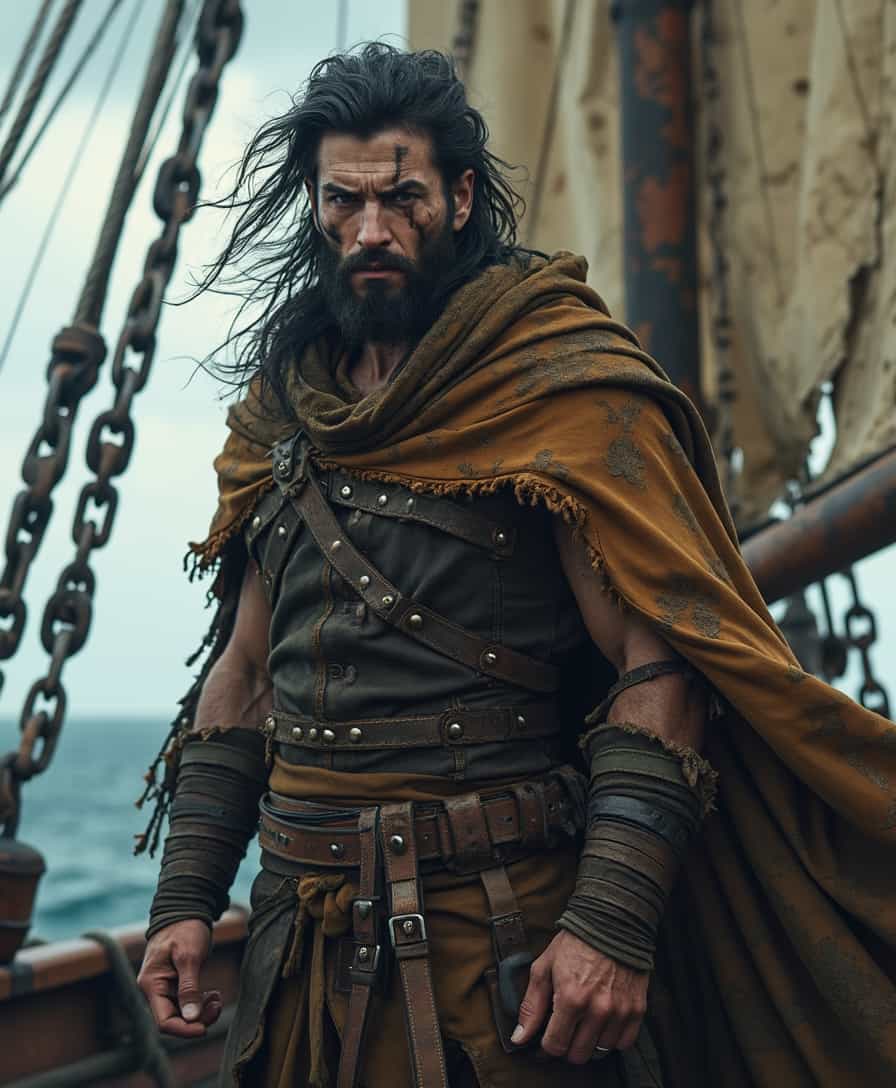 In a foreboding dark fantasy RPG world, a rugged and battle-hardened 30-year-old hunter stands proudly on the weathered deck of an ancient ship, worn and distressed from centuries of salty sea air and brutal storms. The hunter's scarred and weathered face, with sharp jawline and prominent facial features, is framed by a wild tangle of long, dark hair, blown back by the ocean breeze. A tattered and worn leather cloak, clasped at the shoulder, billows behind them, its frayed edges and torn seams a testament to the countless battles fought and won. Powerful and athletic, the hunter exudes a sense of quiet confidence, their piercing gaze seeming to bore into the very soul of the viewer. The ancient ship, its wooden hull creaking and groaning, looms large behind the hunter, its sails torn and battered, its rigging a labyrinth of ropes and chains.